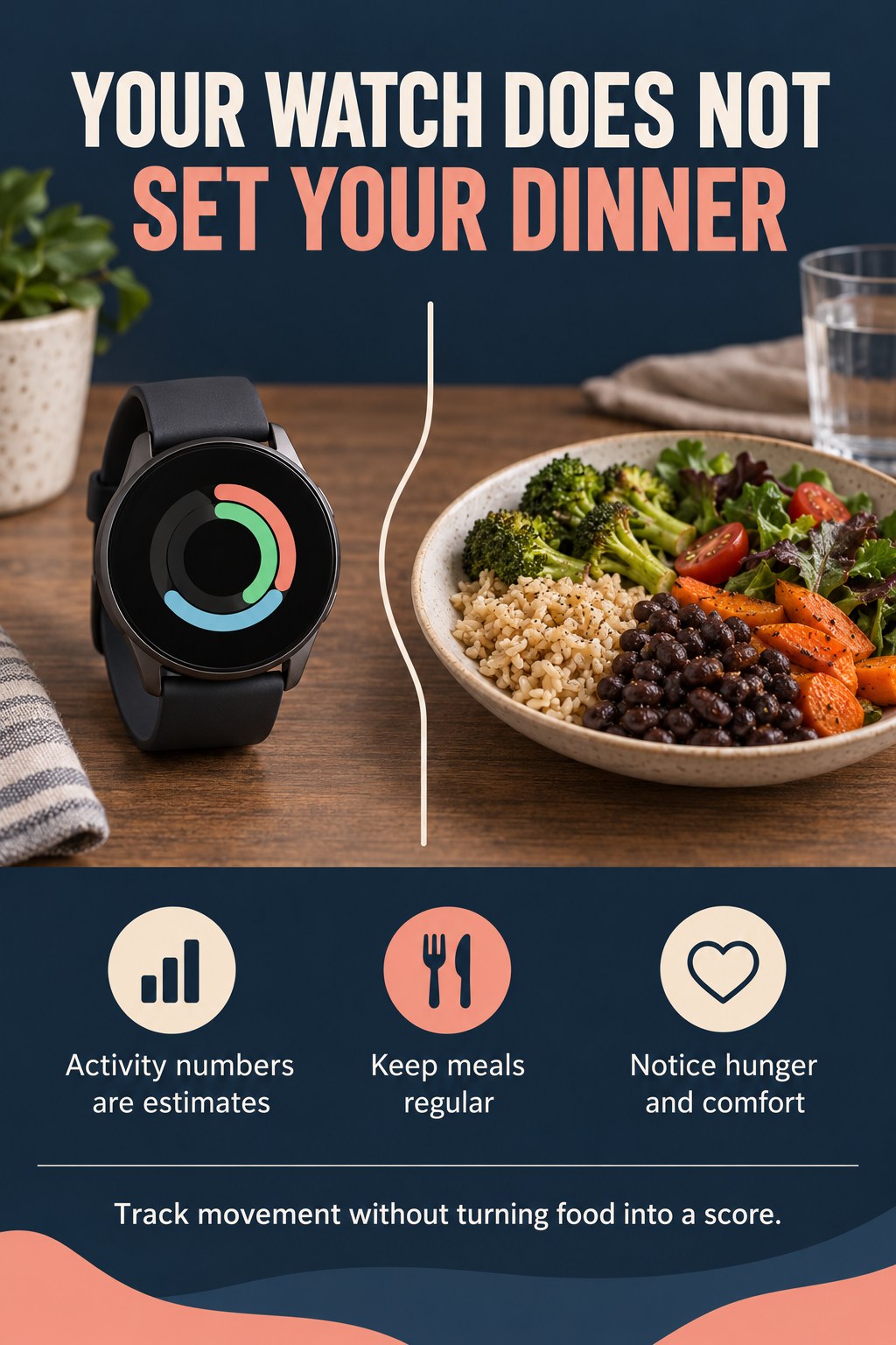 A smartwatch with an activity ring sits beside a dinner bowl, separated by a line under a navy and salmon food-and-fitness headline.