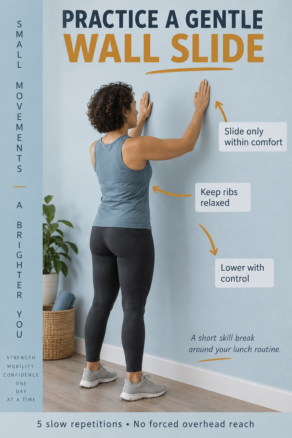 Woman facing a wall demonstrates a gentle wall slide beside cues to relax the ribs and move only within comfort.