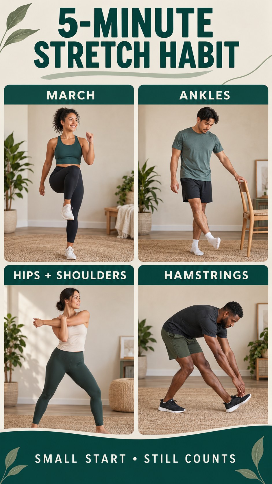 Vertical infographic showing a five-minute stretching habit for low-motivation days