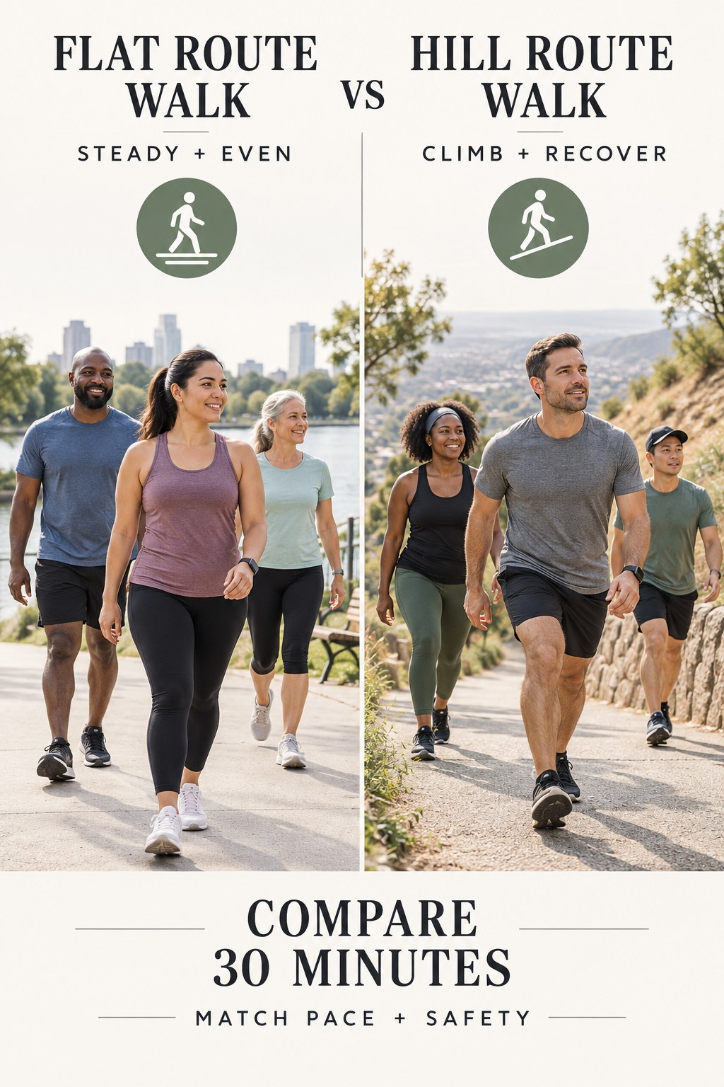 Adults walking on a flat park route and a gentle hill route during matched 30-minute sessions.