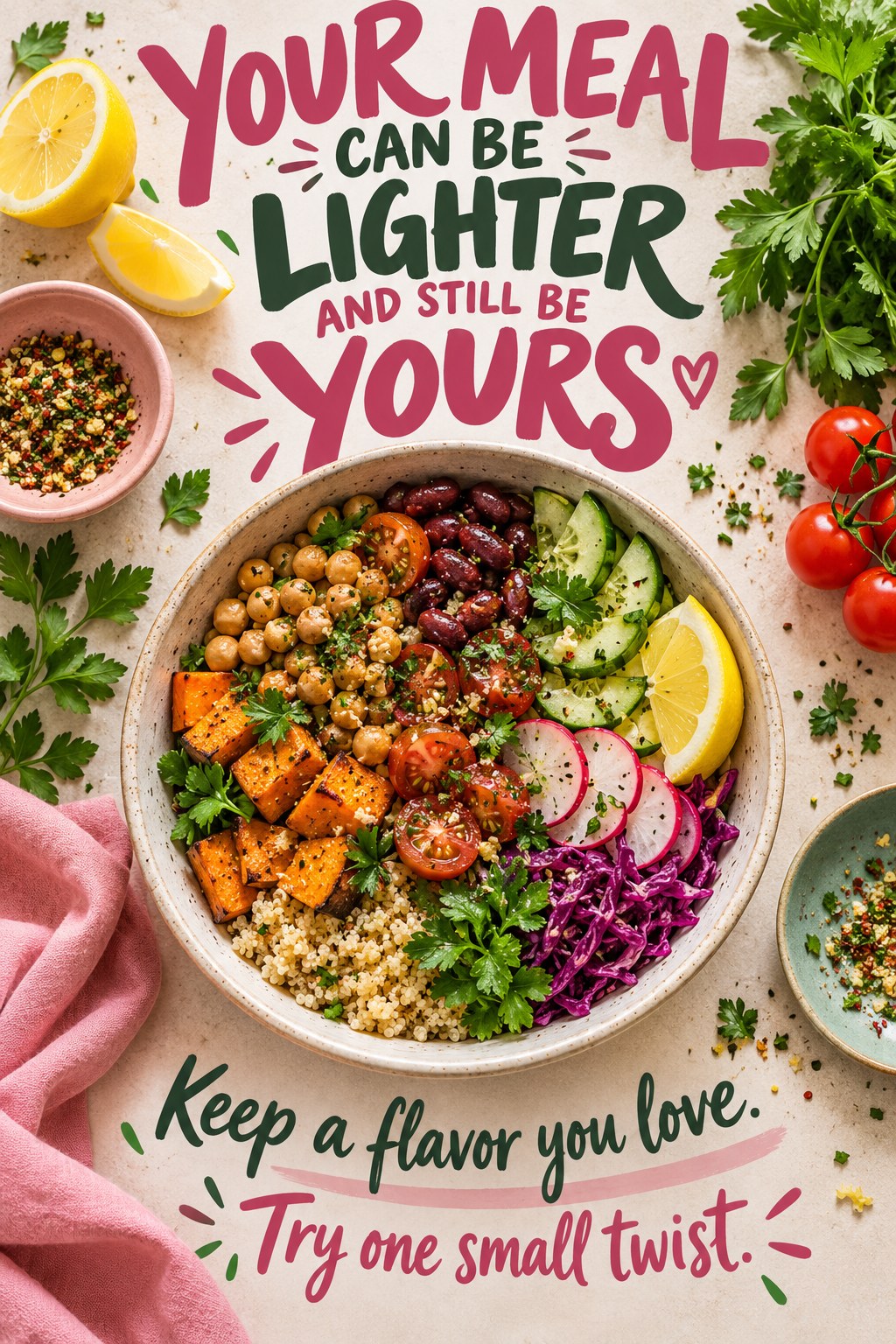 A colorful vegetable and bean bowl with lemon, herbs, and a small seasoning dish on a pink table.