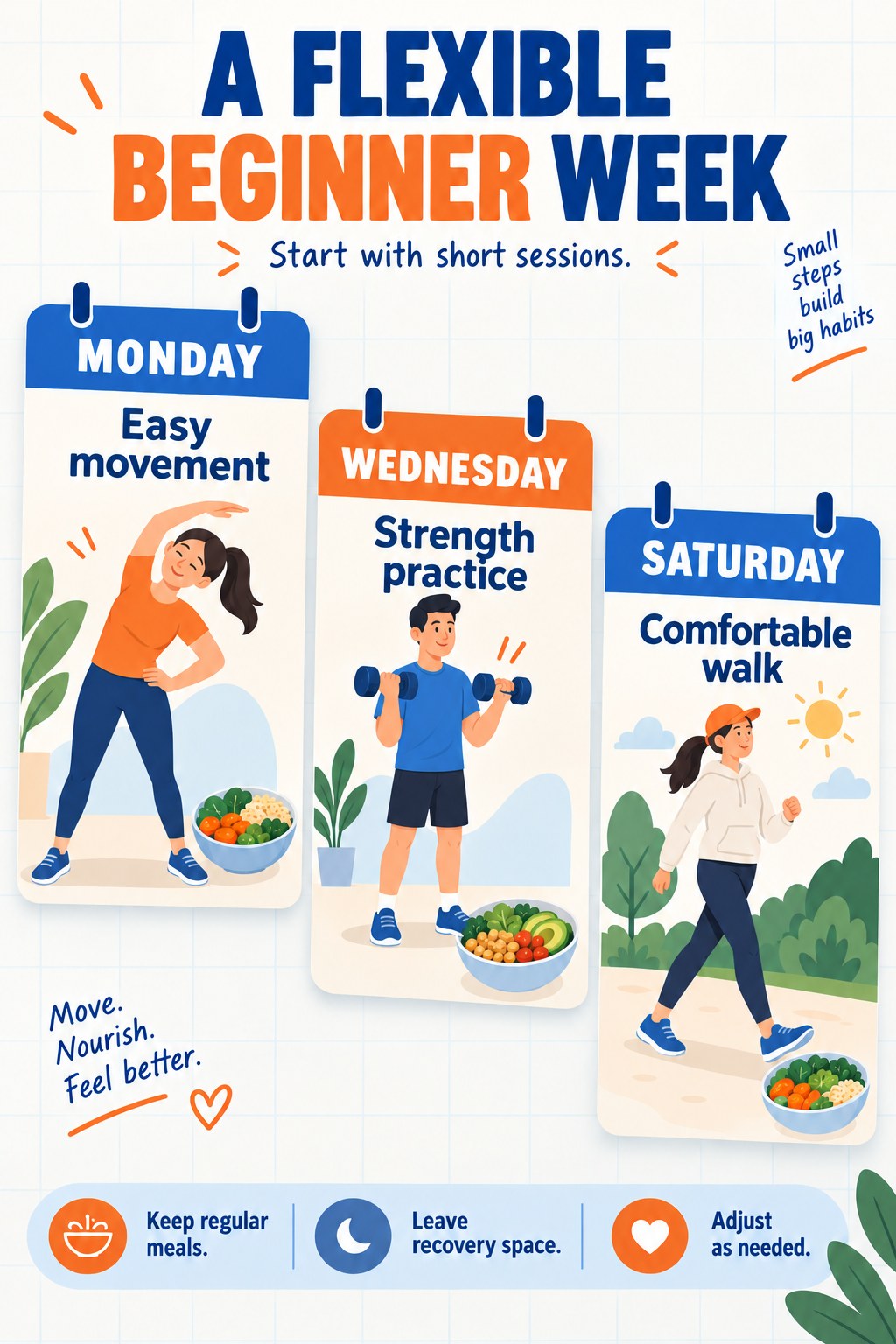 Three calendar cards show Monday easy movement, Wednesday strength practice, and Saturday comfortable walking beside meal bowls.