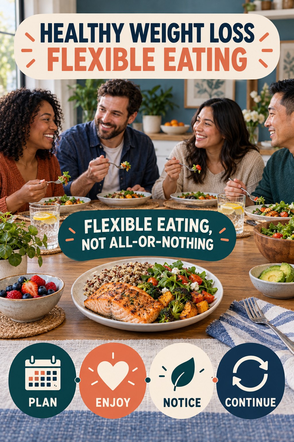 Healthy Weight Loss flexible eating graphic titled Flexible Eating, Not All-or-Nothing with four practical balance prompts.