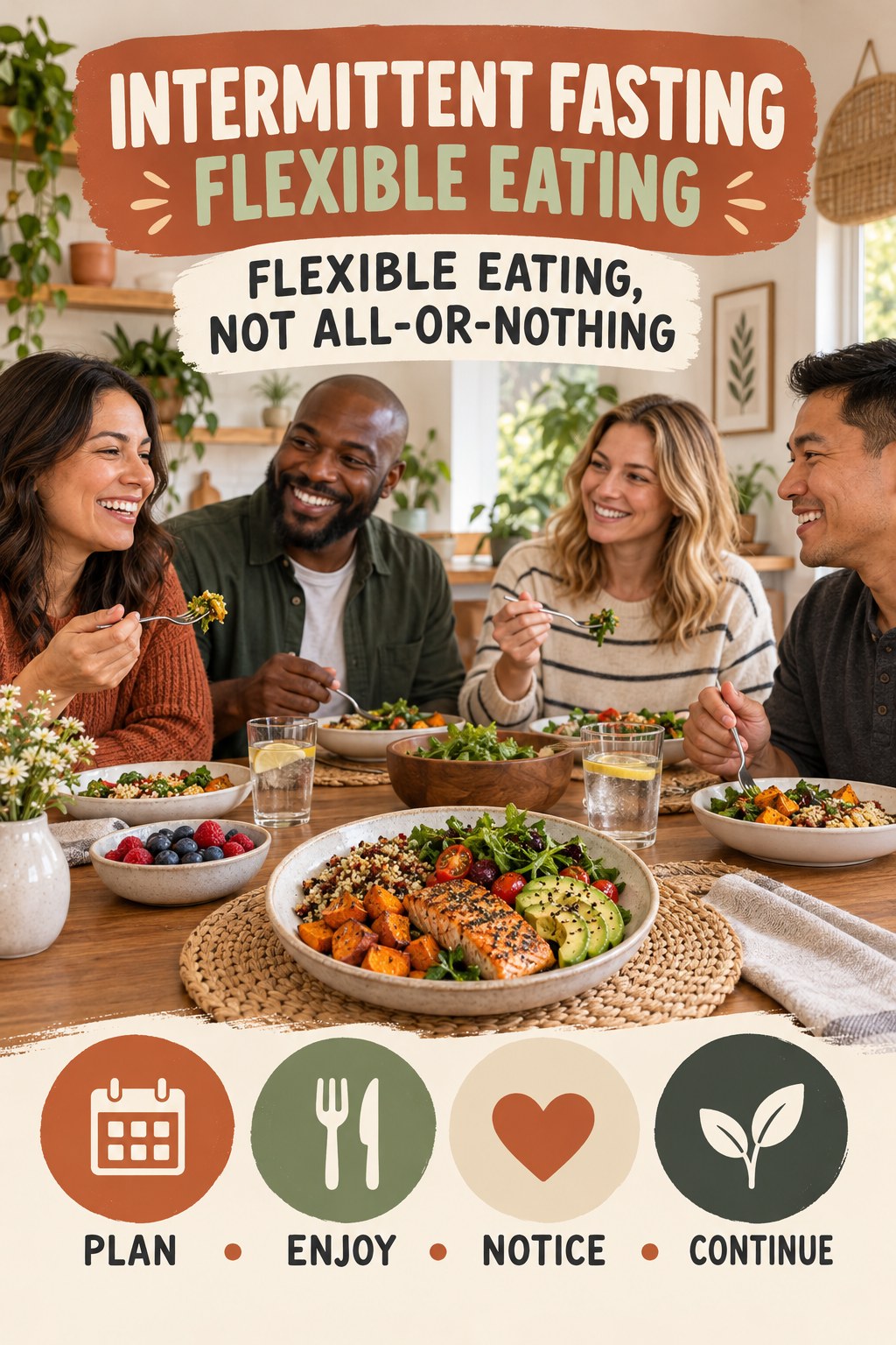 Intermittent Fasting flexible eating graphic titled Flexible Eating, Not All-or-Nothing with four practical balance prompts.