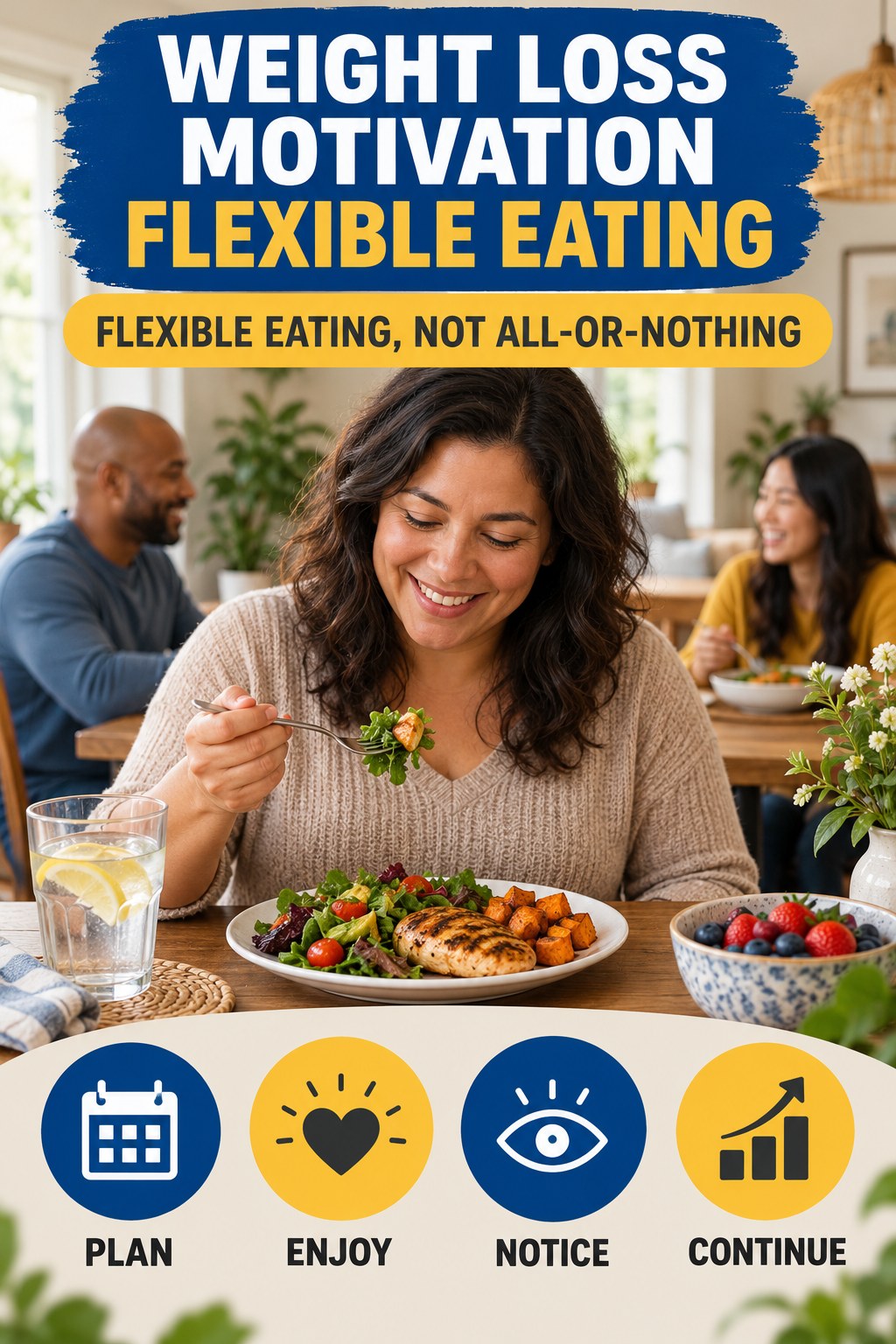 Weight Loss Motivation flexible eating graphic titled Flexible Eating, Not All-or-Nothing with four practical balance prompts.