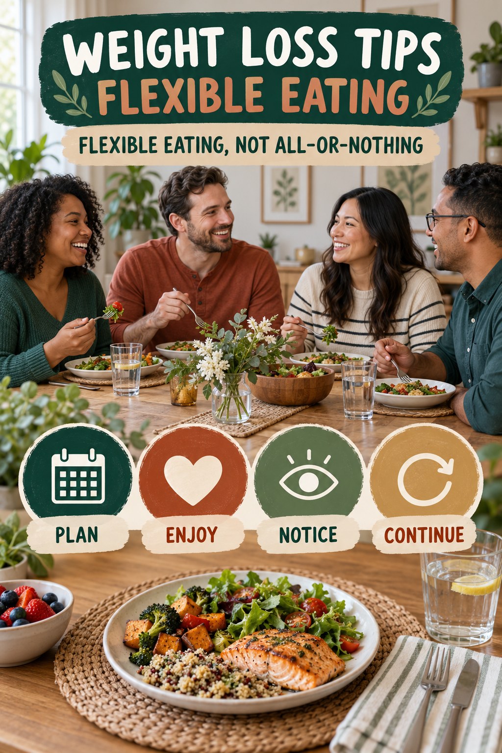 Weight Loss Tips flexible eating graphic titled Flexible Eating, Not All-or-Nothing with four practical balance prompts.