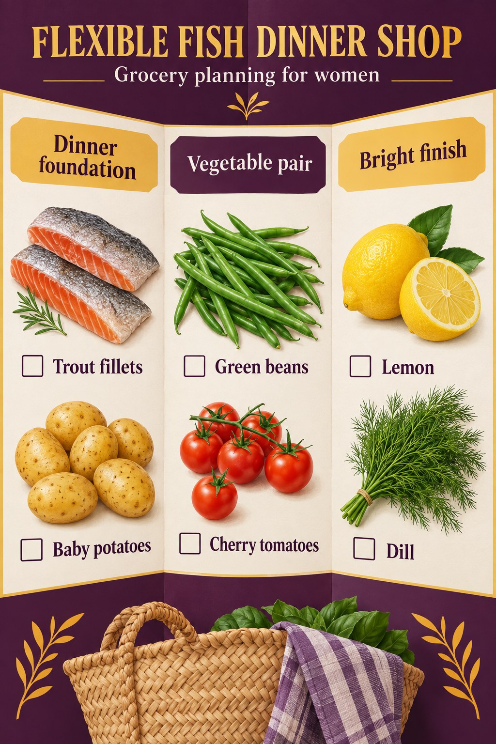 Aubergine and saffron grocery folder listing trout fillets, baby potatoes, green beans, cherry tomatoes, lemon and dill.