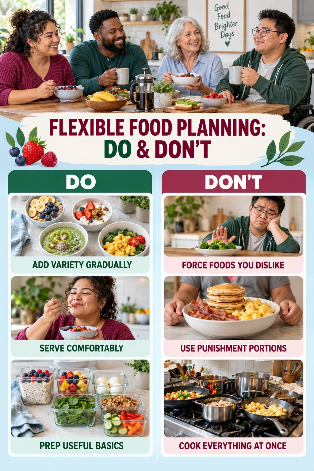 Healthy Breakfast Recipes Do and Don’t comparison graphic showing three practical behavior pairs for flexible food planning.