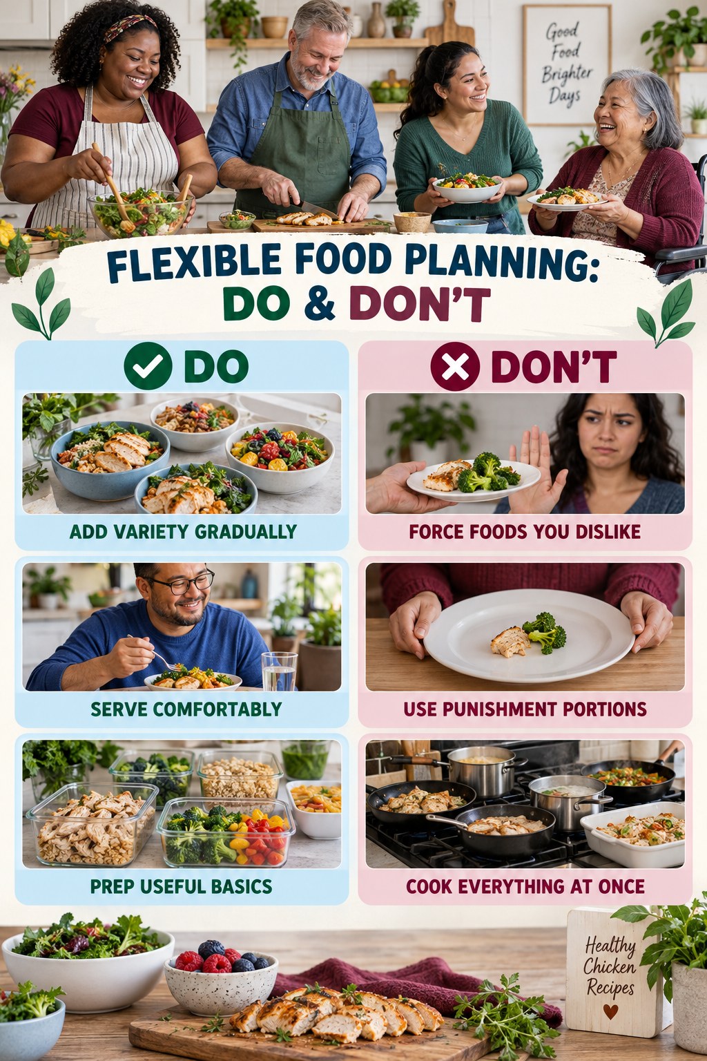 Healthy Chicken Recipes Do and Don’t comparison graphic showing three practical behavior pairs for flexible food planning.