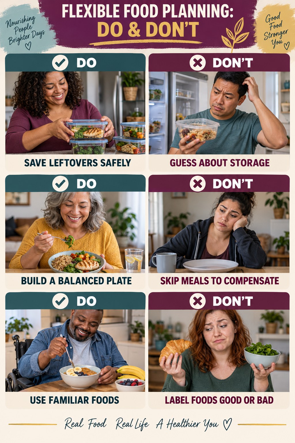 High Protein Meals Do and Don’t comparison graphic showing three practical behavior pairs for flexible food planning.