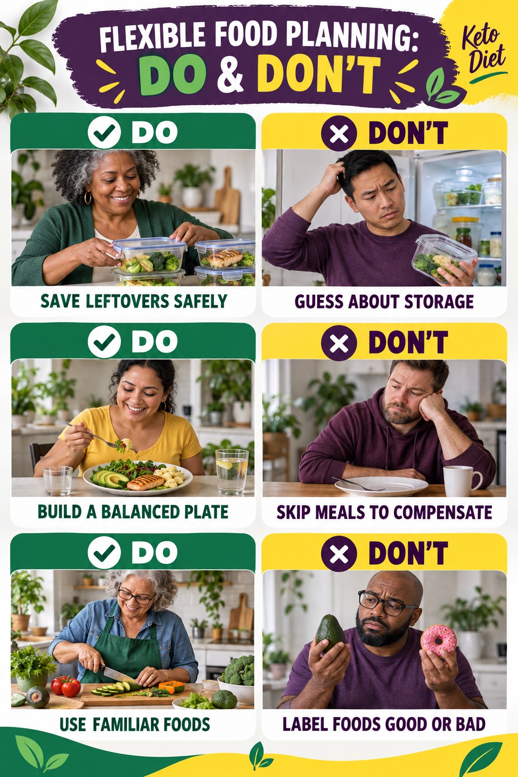 Keto Diet Do and Don’t comparison graphic showing three practical behavior pairs for flexible food planning.