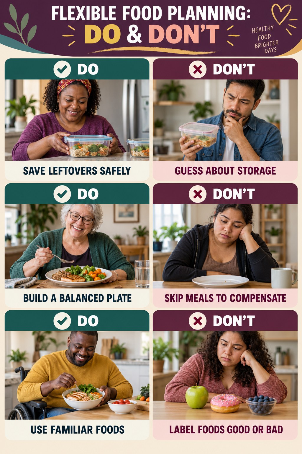 Portion Control Do and Don’t comparison graphic showing three practical behavior pairs for flexible food planning.
