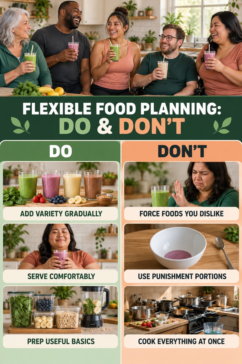 Protein Smoothies Do and Don’t comparison graphic showing three practical behavior pairs for flexible food planning.
