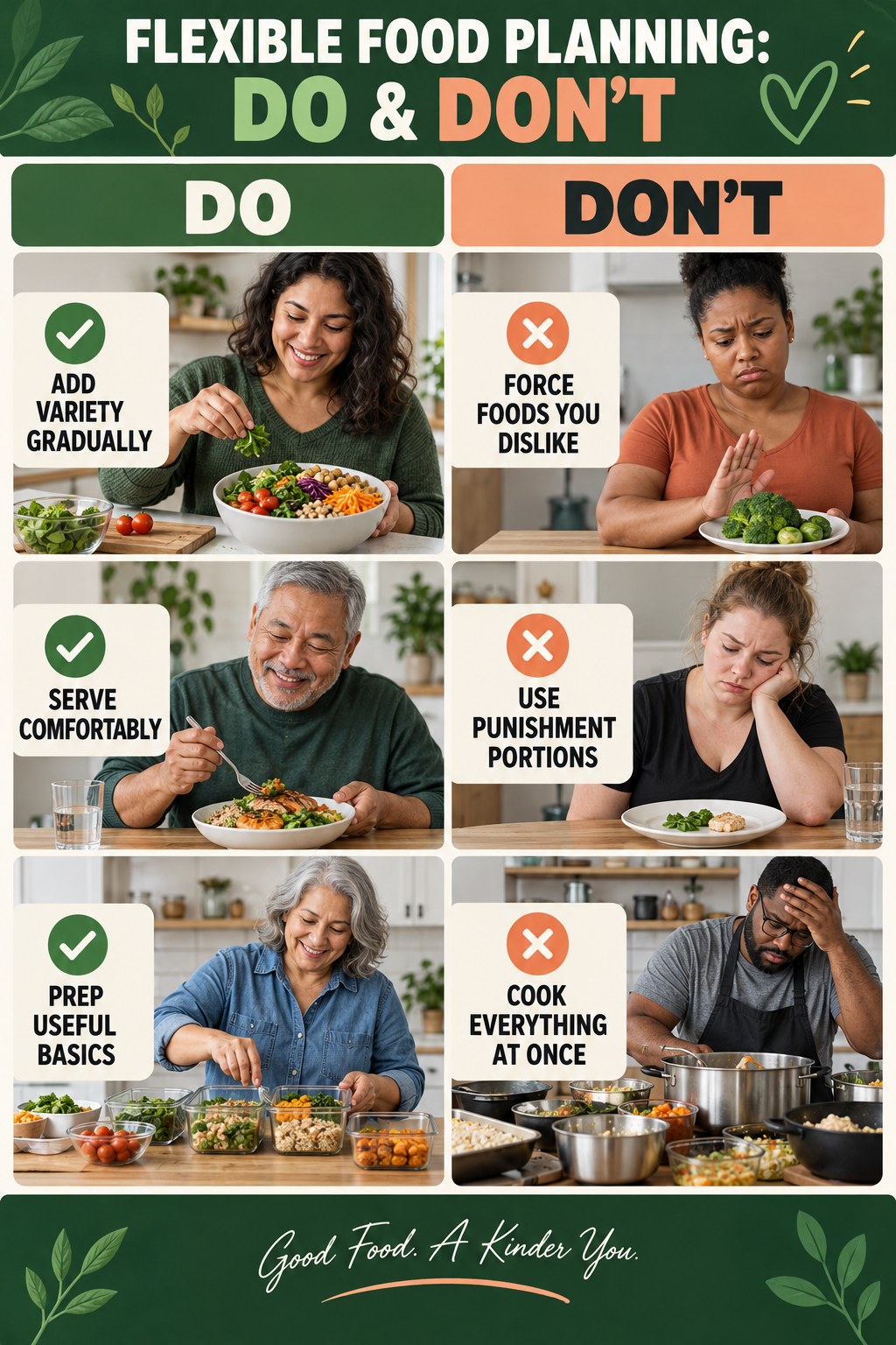 Weight Loss Foods Do and Don’t comparison graphic showing three practical behavior pairs for flexible food planning.