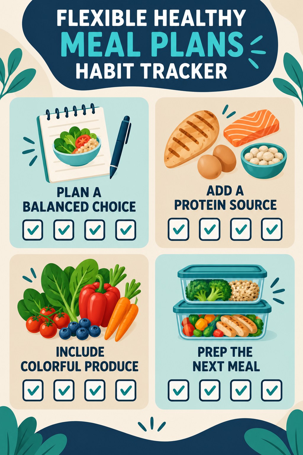 Flexible Healthy Meal Plans Habit Tracker infographic with checkboxes for plan a balanced choice, add a protein source, include colorful produce, prep the next meal.