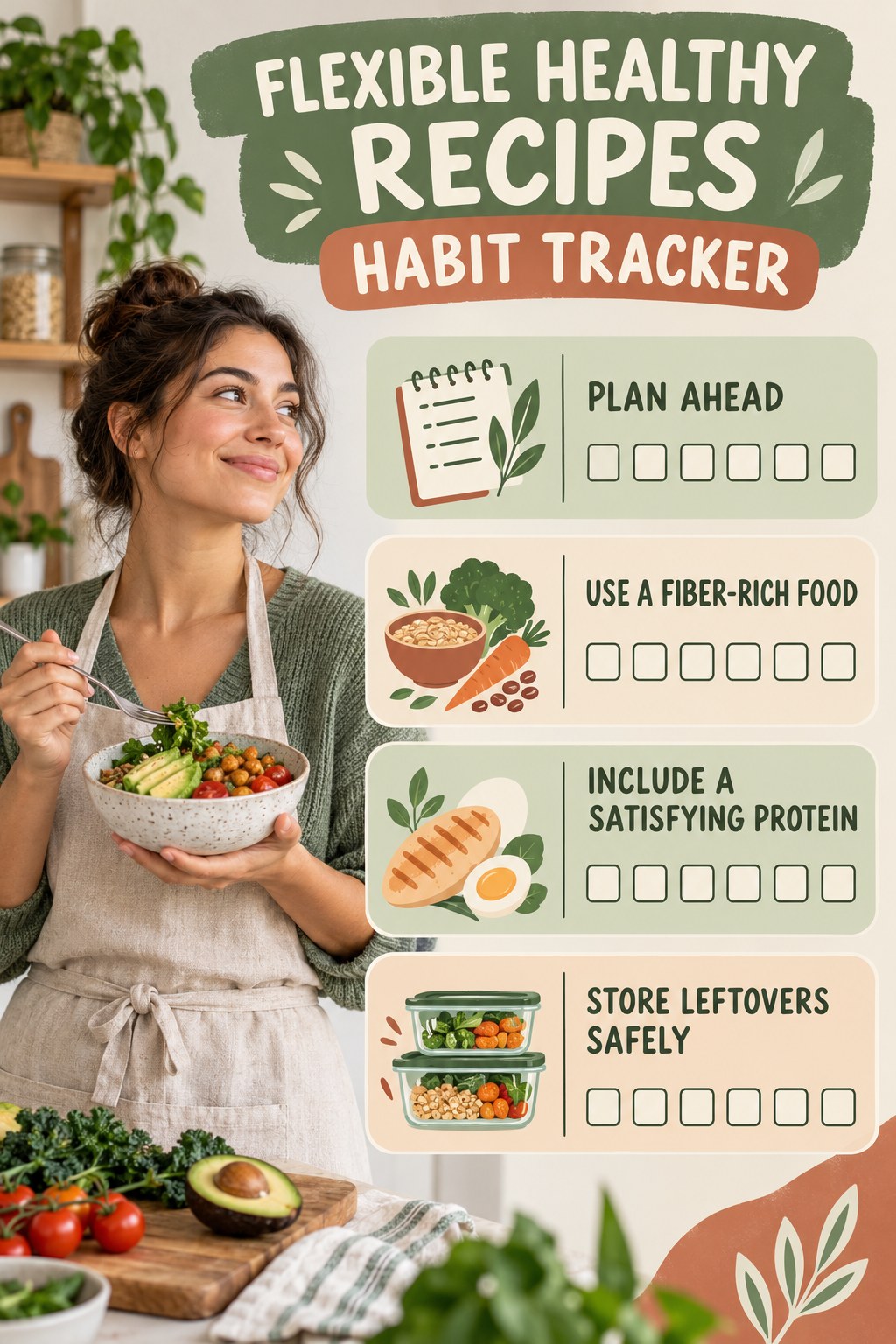 Flexible Healthy Recipes Habit Tracker infographic with checkboxes for plan ahead, use a fiber-rich food, include a satisfying protein, store leftovers safely.
