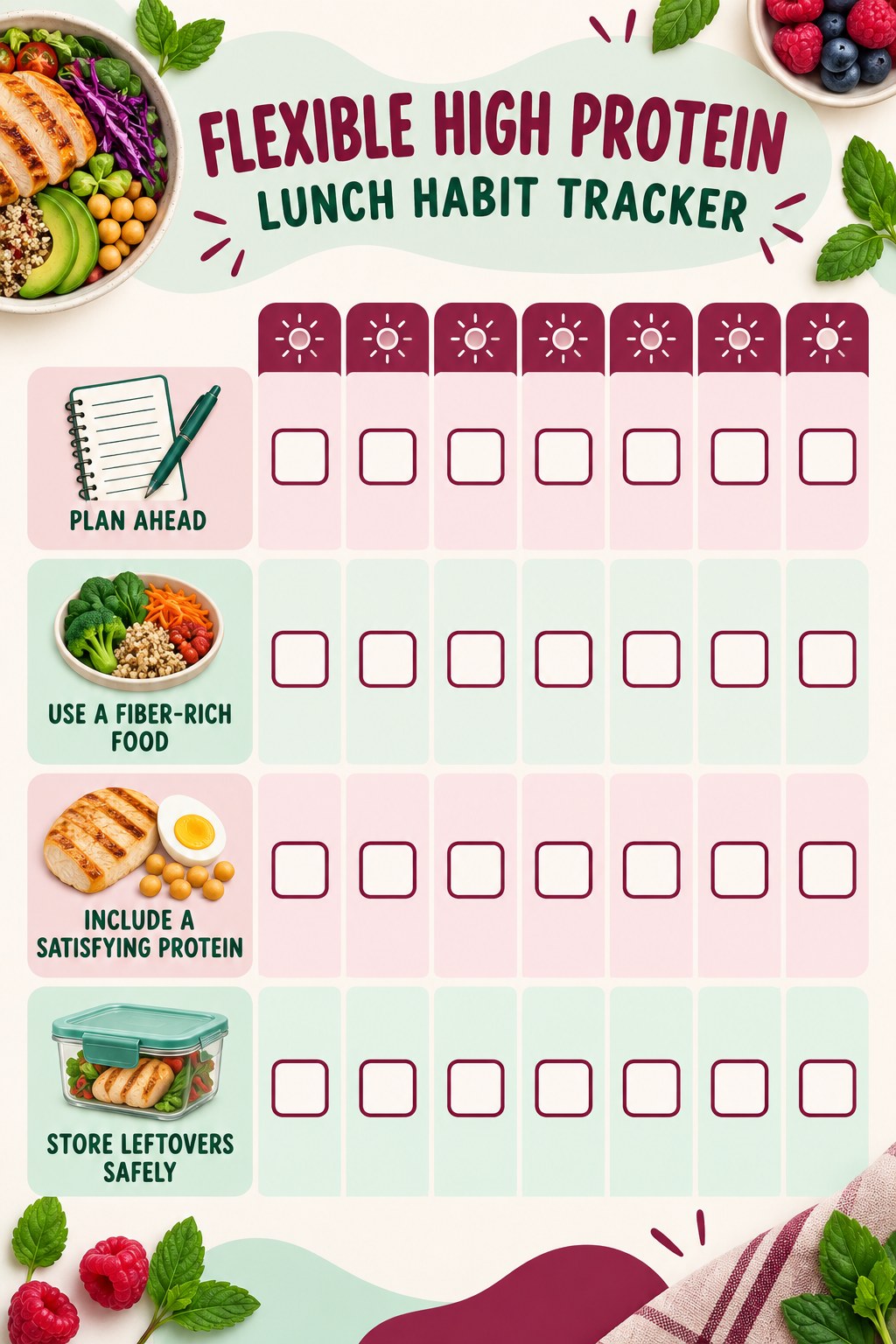 Flexible High Protein Lunch Habit Tracker infographic with checkboxes for plan ahead, use a fiber-rich food, include a satisfying protein, store leftovers safely.