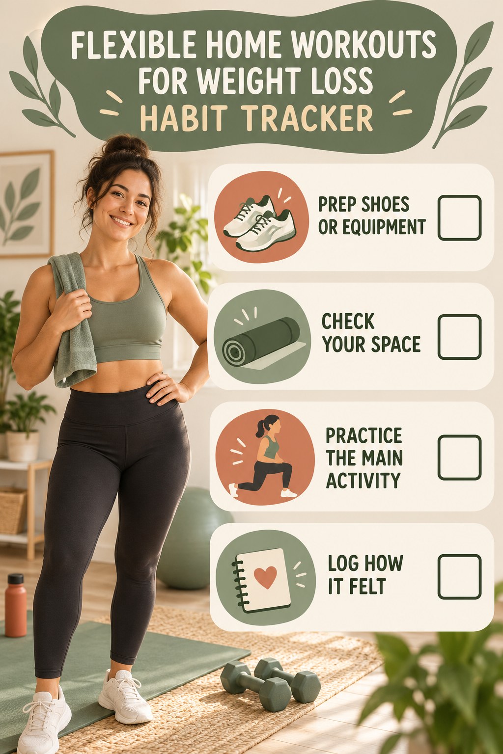 Flexible Home Workouts for Weight Loss Habit Tracker infographic with checkboxes for prep shoes or equipment, check your space, practice the main activity, log how it felt.