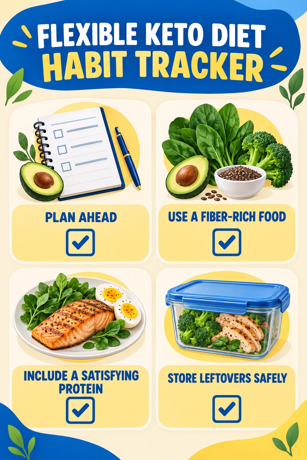 Flexible Keto Diet Habit Tracker infographic with checkboxes for plan ahead, use a fiber-rich food, include a satisfying protein, store leftovers safely.