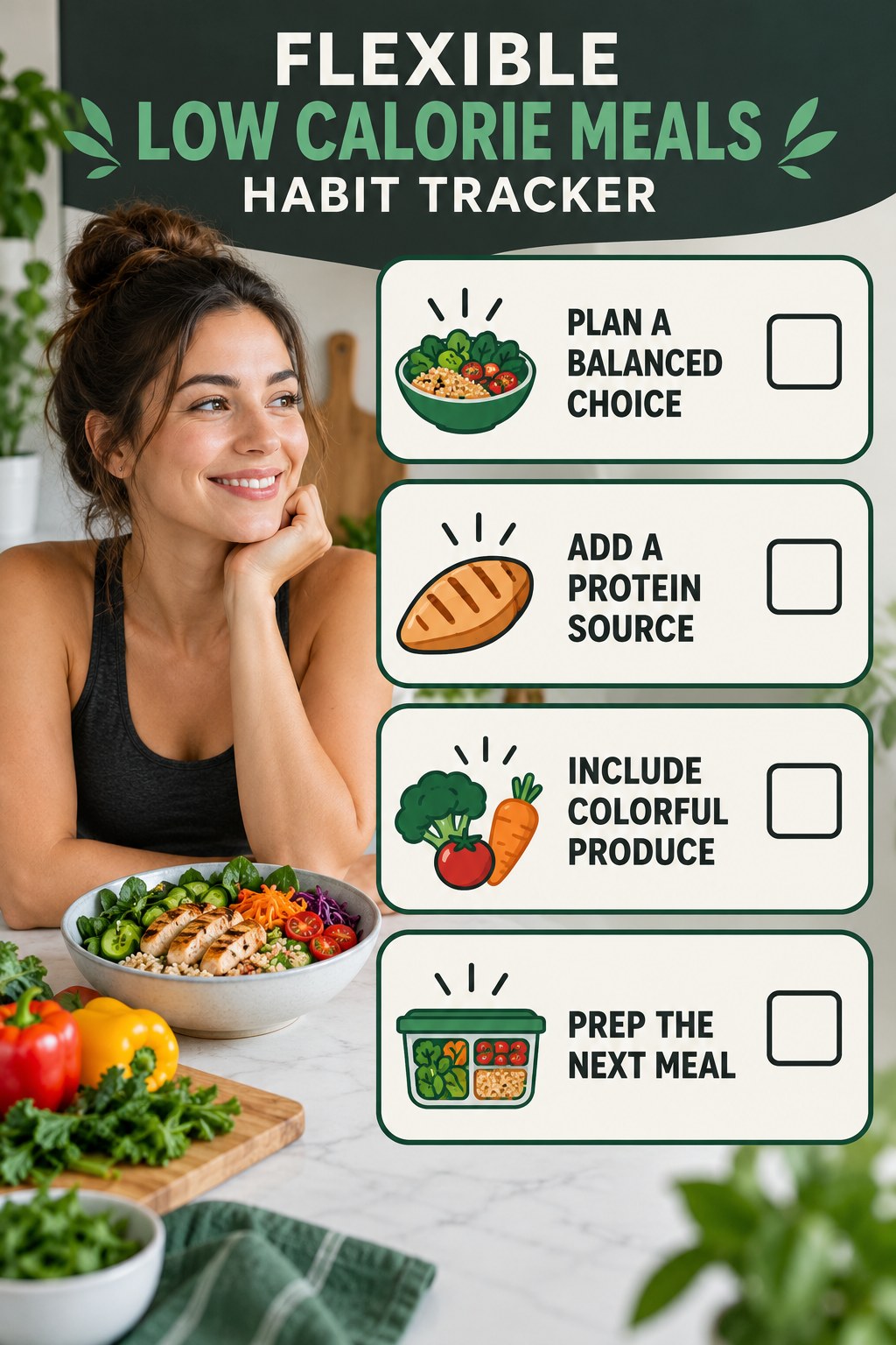 Flexible Low Calorie Meals Habit Tracker infographic with checkboxes for plan a balanced choice, add a protein source, include colorful produce, prep the next meal.