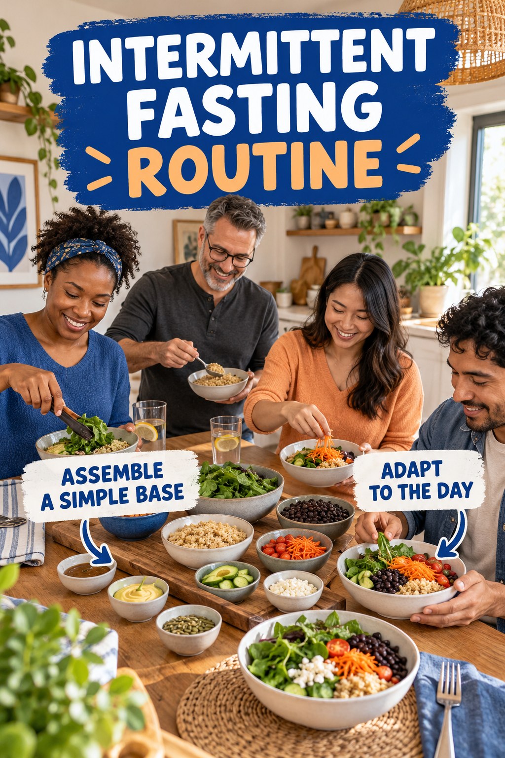Flexible Lunch Prep for Intermittent Fasting in a small shared dining area, showing a practical, attainable routine with readable guidance.