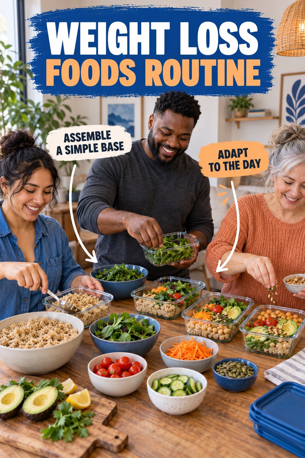 Flexible Lunch Prep for Weight Loss Foods in a small shared dining area, showing a practical, attainable routine with readable guidance.
