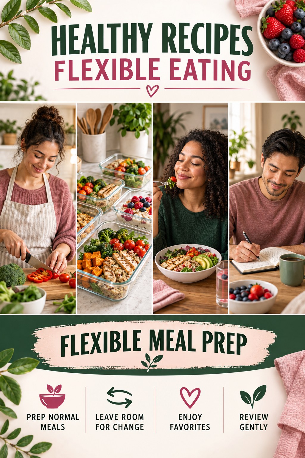 Healthy Recipes flexible eating graphic titled Flexible Meal Prep with four practical balance prompts.