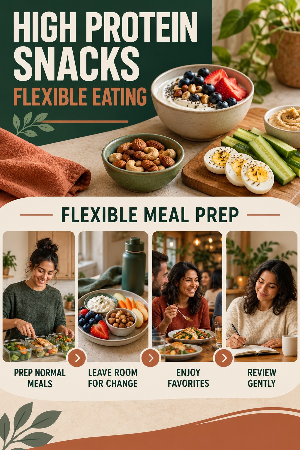 High Protein Snacks flexible eating graphic titled Flexible Meal Prep with four practical balance prompts.