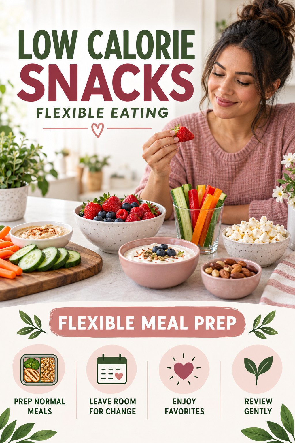 Low Calorie Snacks flexible eating graphic titled Flexible Meal Prep with four practical balance prompts.