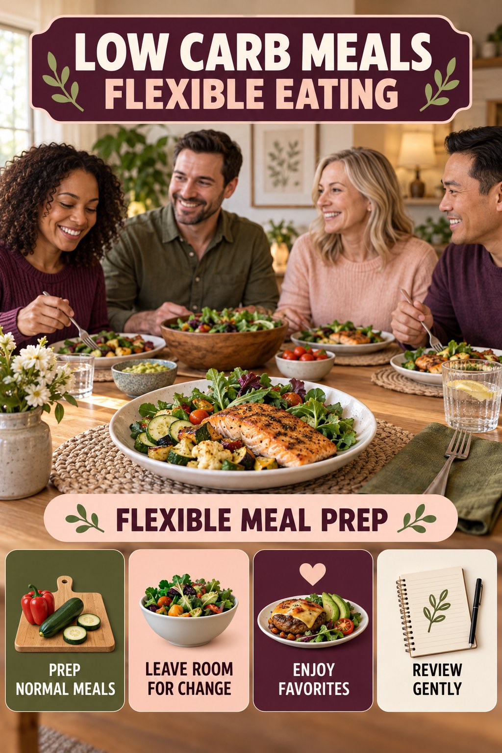 Low Carb Meals flexible eating graphic titled Flexible Meal Prep with four practical balance prompts.