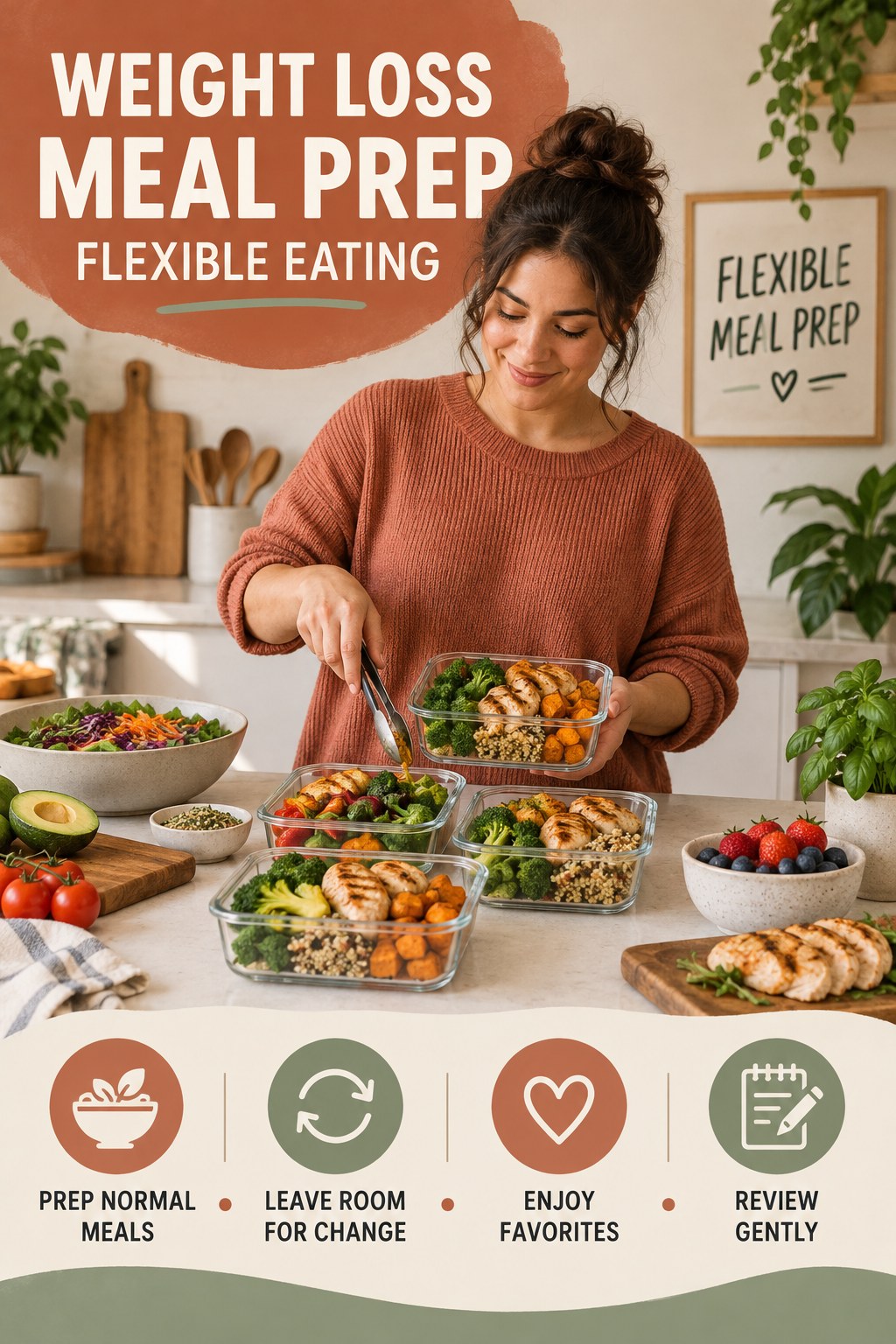 Weight Loss Meal Prep flexible eating graphic titled Flexible Meal Prep with four practical balance prompts.