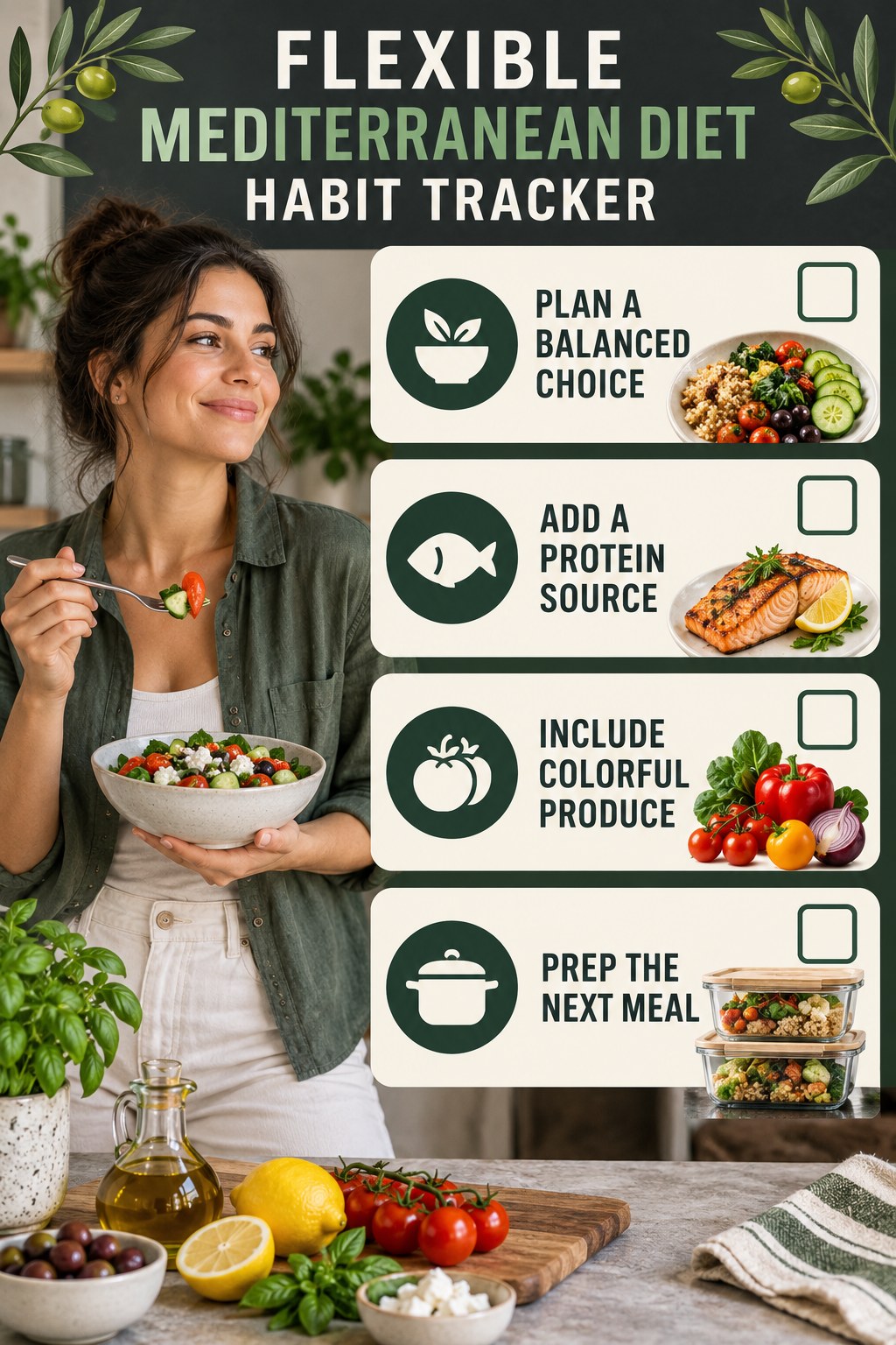Flexible Mediterranean Diet Habit Tracker infographic with checkboxes for plan a balanced choice, add a protein source, include colorful produce, prep the next meal.