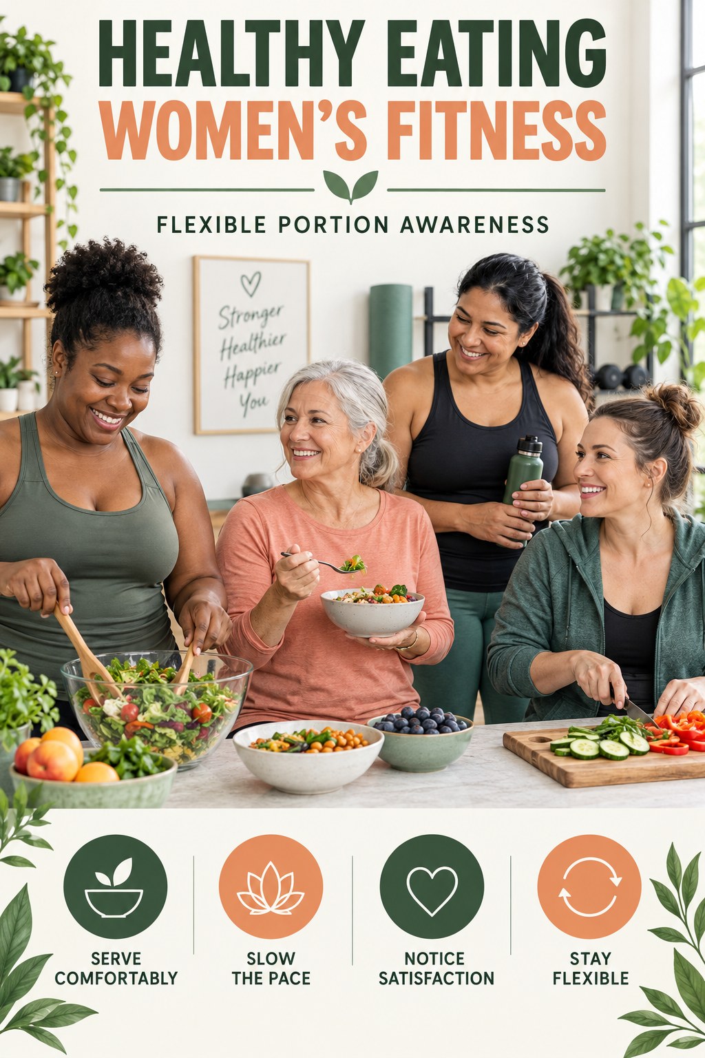 Healthy Eating women’s fitness graphic titled Flexible Portion Awareness with four practical training prompts.
