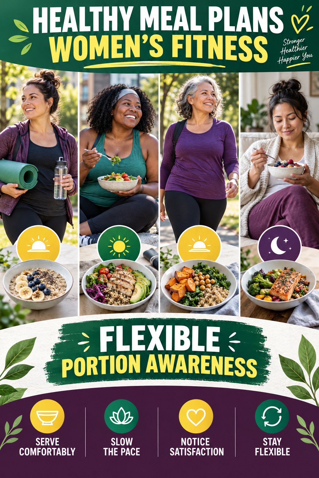 Healthy Meal Plans women’s fitness graphic titled Flexible Portion Awareness with four practical training prompts.