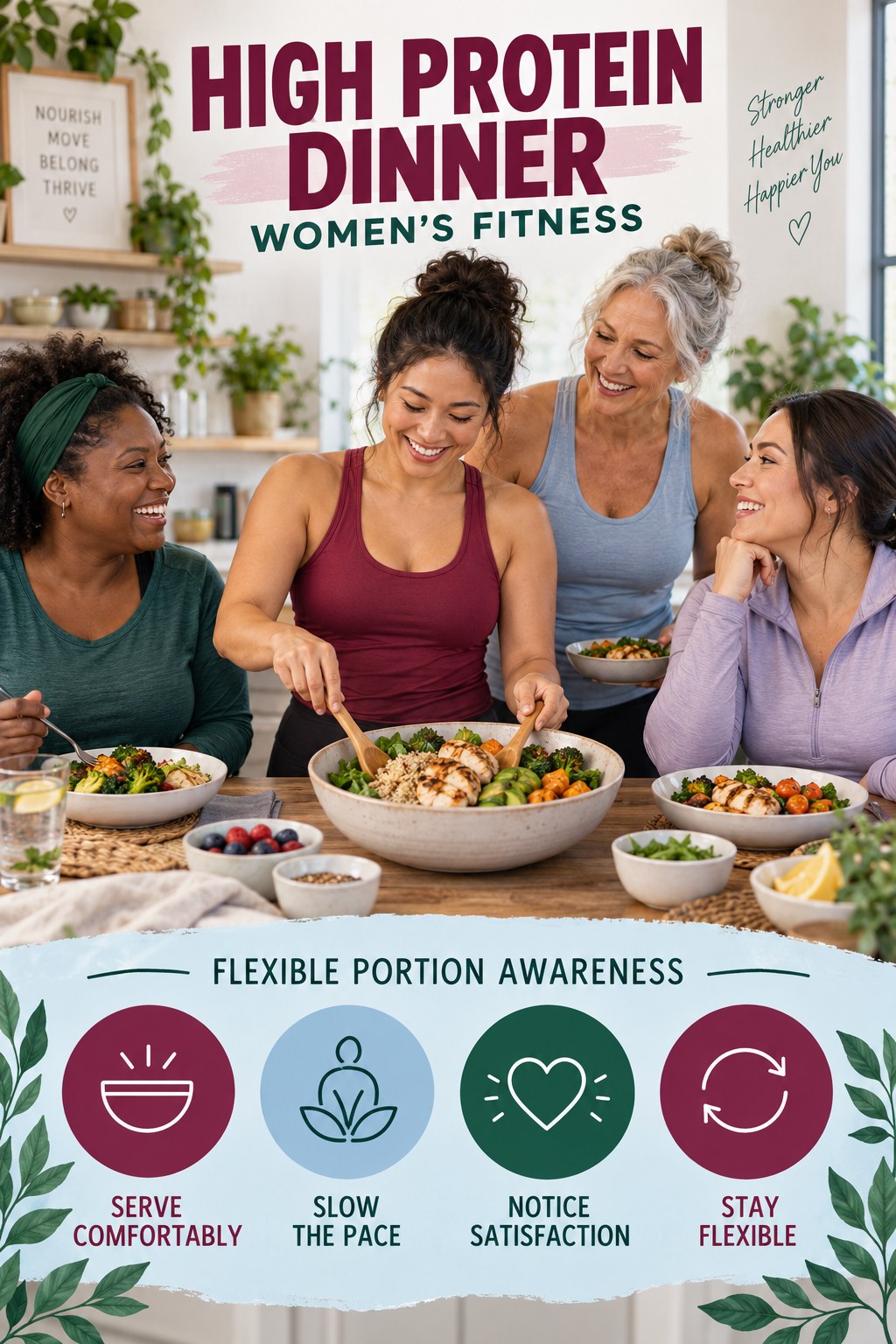 High Protein Dinner women’s fitness graphic titled Flexible Portion Awareness with four practical training prompts.