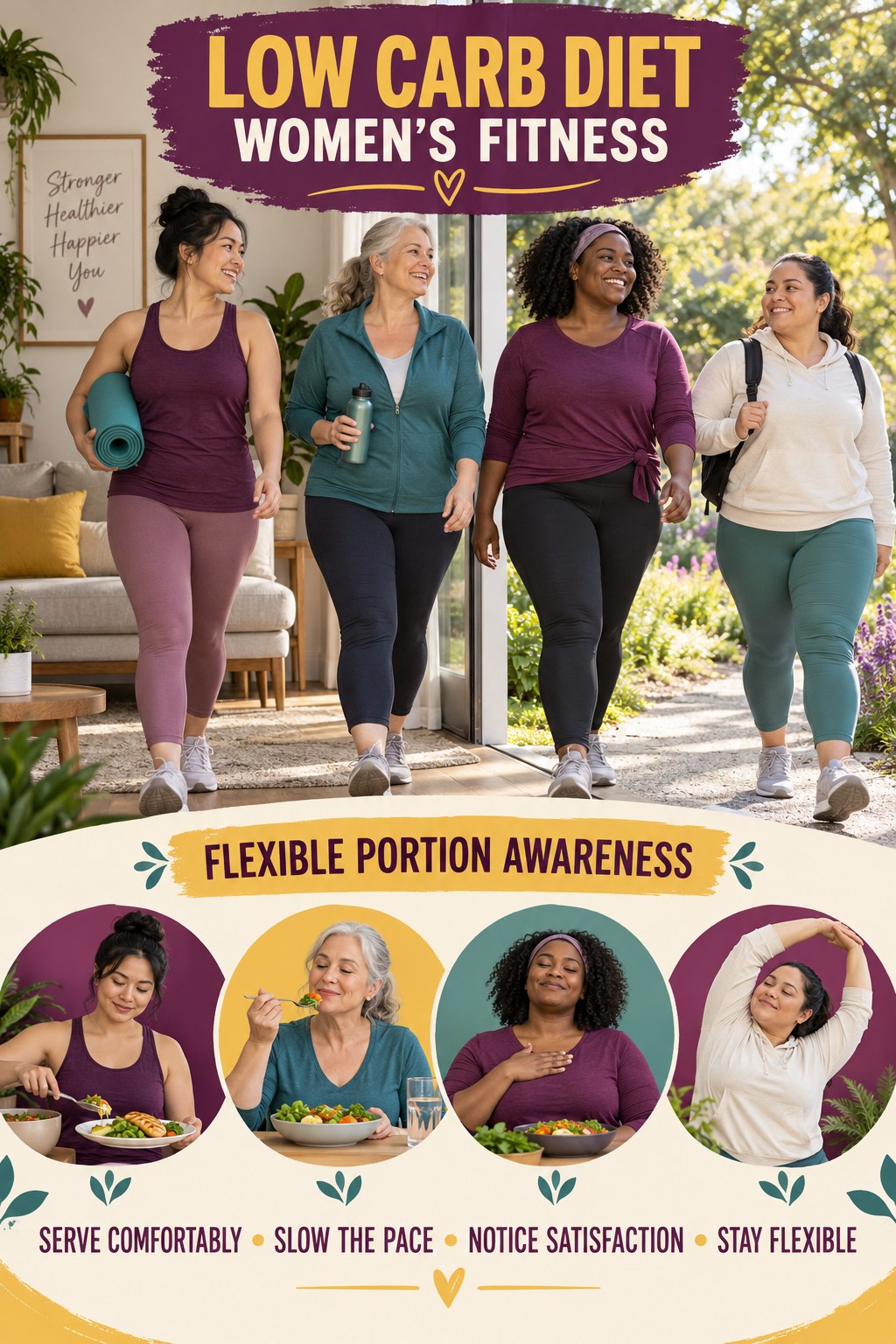 Low Carb Diet women’s fitness graphic titled Flexible Portion Awareness with four practical training prompts.