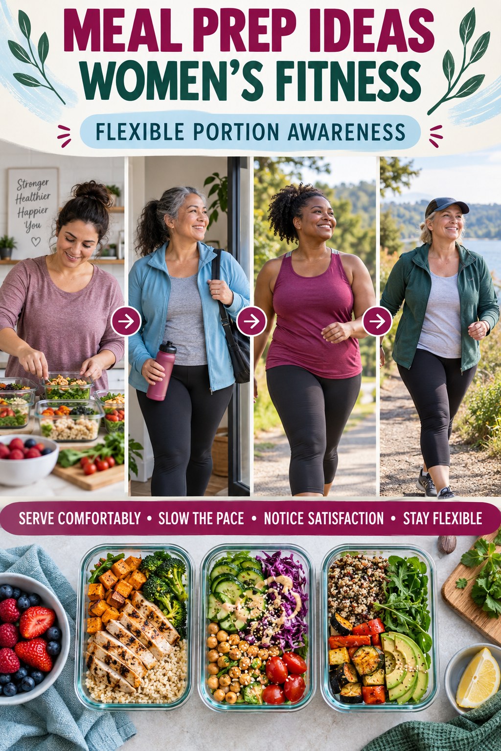 Meal Prep Ideas women’s fitness graphic titled Flexible Portion Awareness with four practical training prompts.