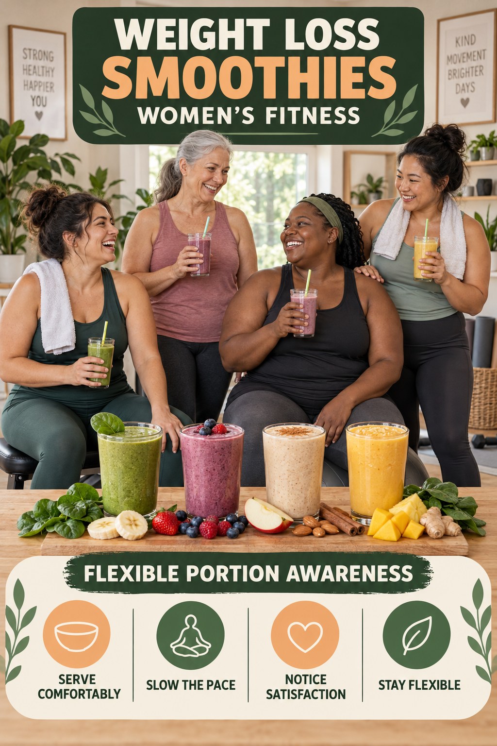 Weight Loss Smoothies women’s fitness graphic titled Flexible Portion Awareness with four practical training prompts.