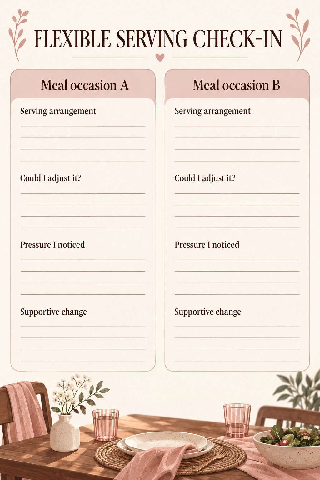 Two blank serving flexibility cards with arrangement, adjustment access, pressure, and supportive change fields.