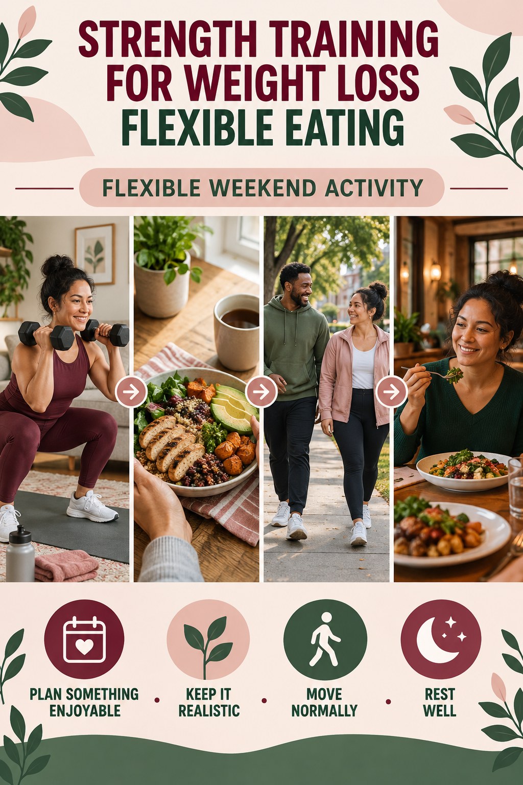 Strength Training for Weight Loss flexible eating graphic titled Flexible Weekend Activity with four practical balance prompts.