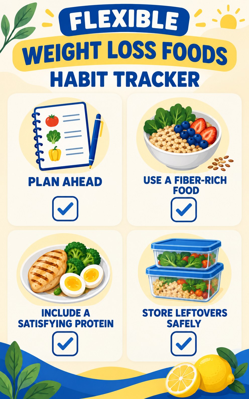 Flexible Weight Loss Foods Habit Tracker infographic with checkboxes for plan ahead, use a fiber-rich food, include a satisfying protein, store leftovers safely.