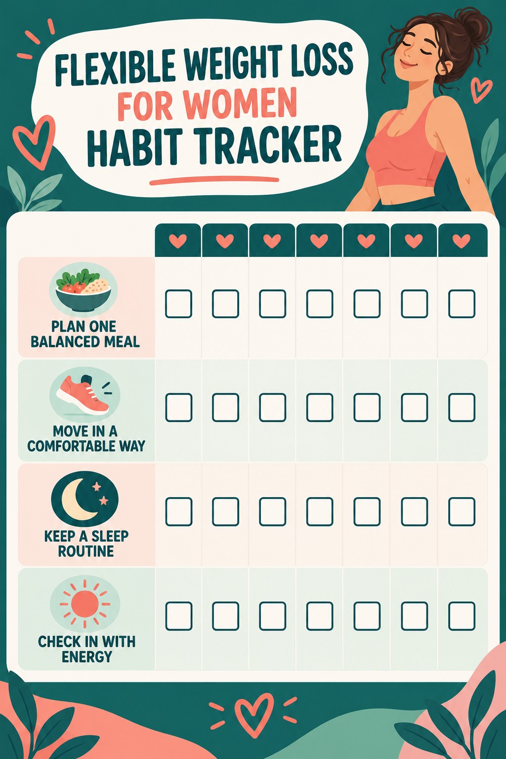 Flexible Weight Loss for Women Habit Tracker infographic with checkboxes for plan one balanced meal, move in a comfortable way, keep a sleep routine, check in with energy.