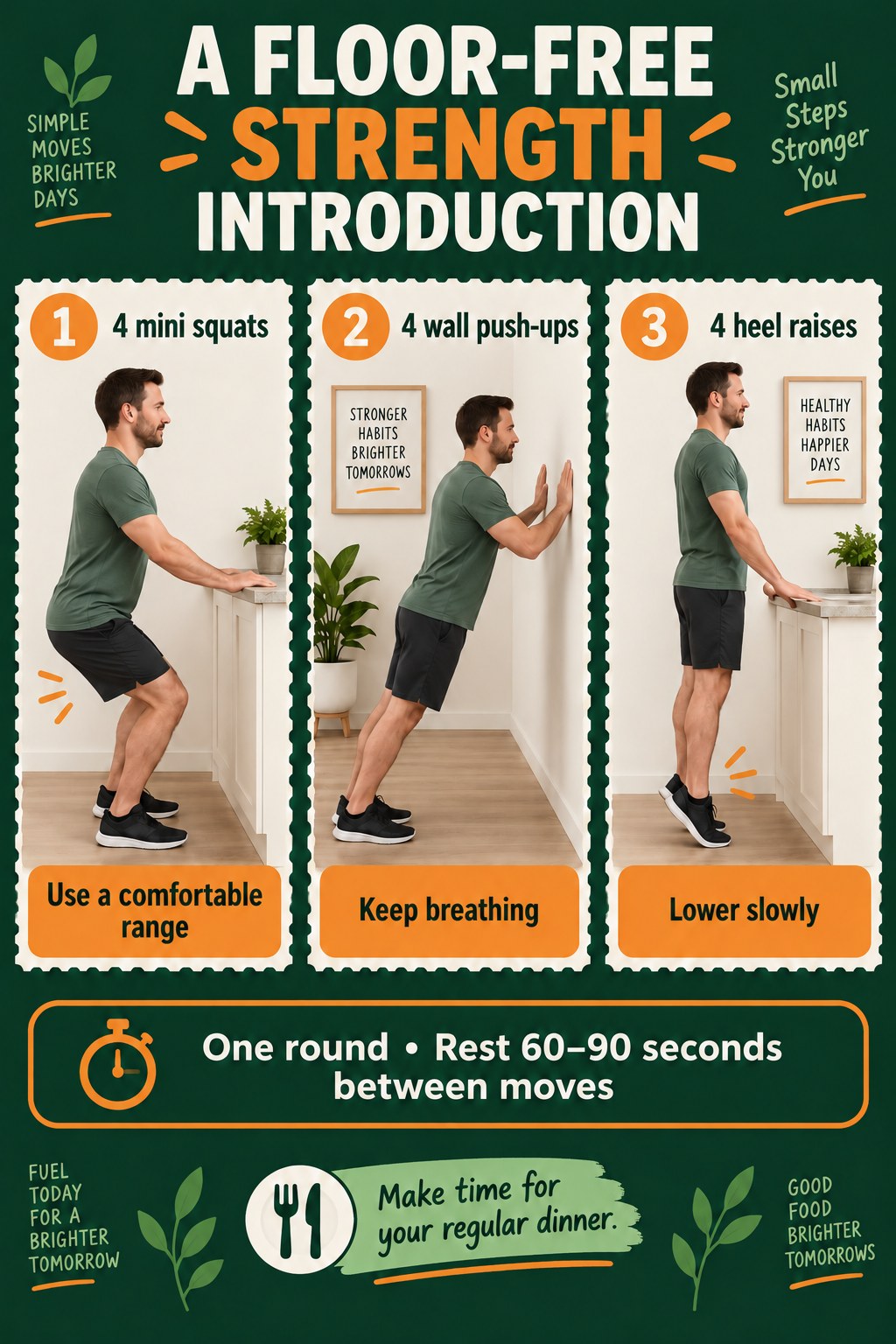 Three stamp-shaped panels demonstrate four mini squats, four wall push-ups, and four supported heel raises.