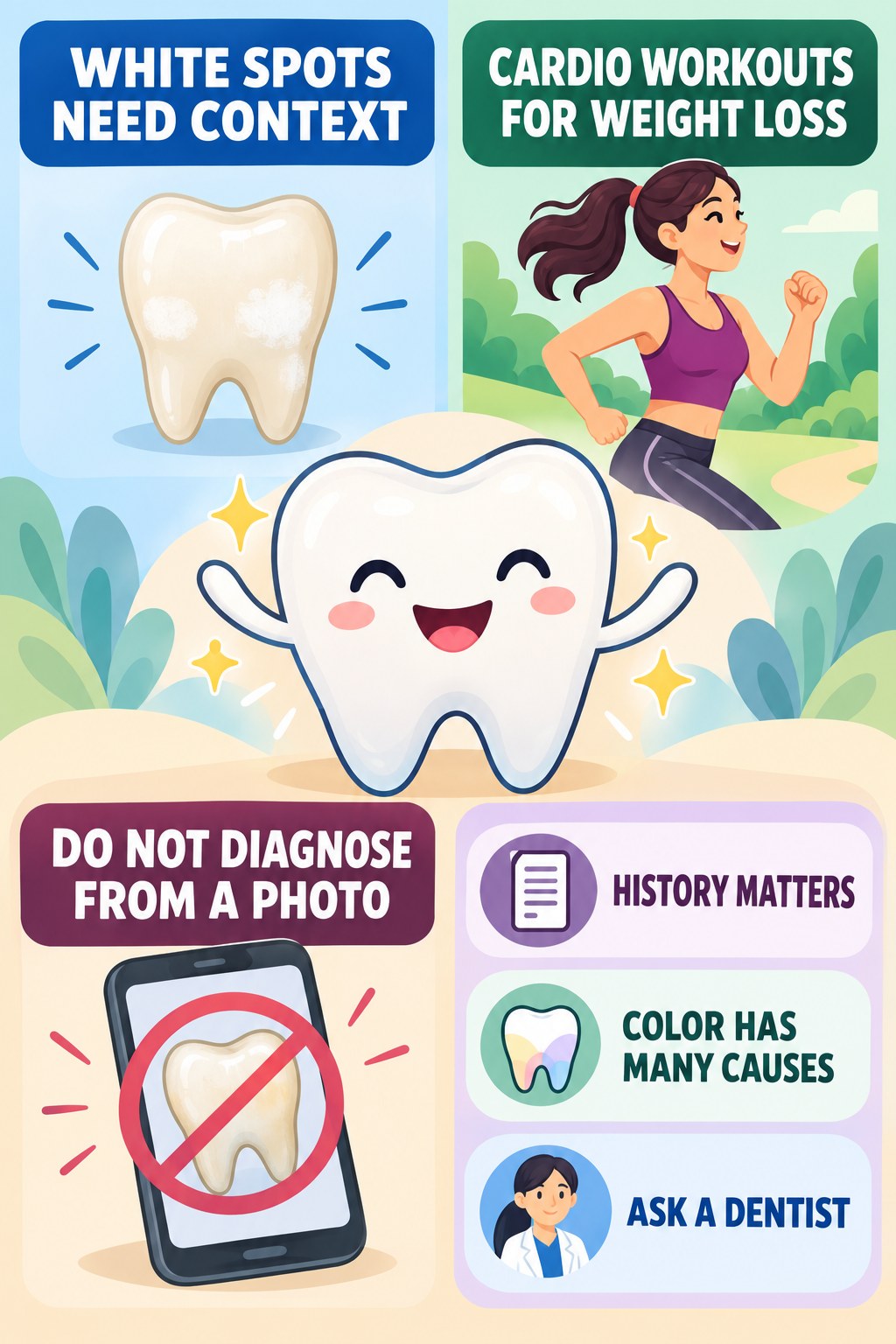 Fluorosis Claims Need Professional Context infographic for Cardio Workouts for Weight Loss with four concise tooth-discoloration safety points.