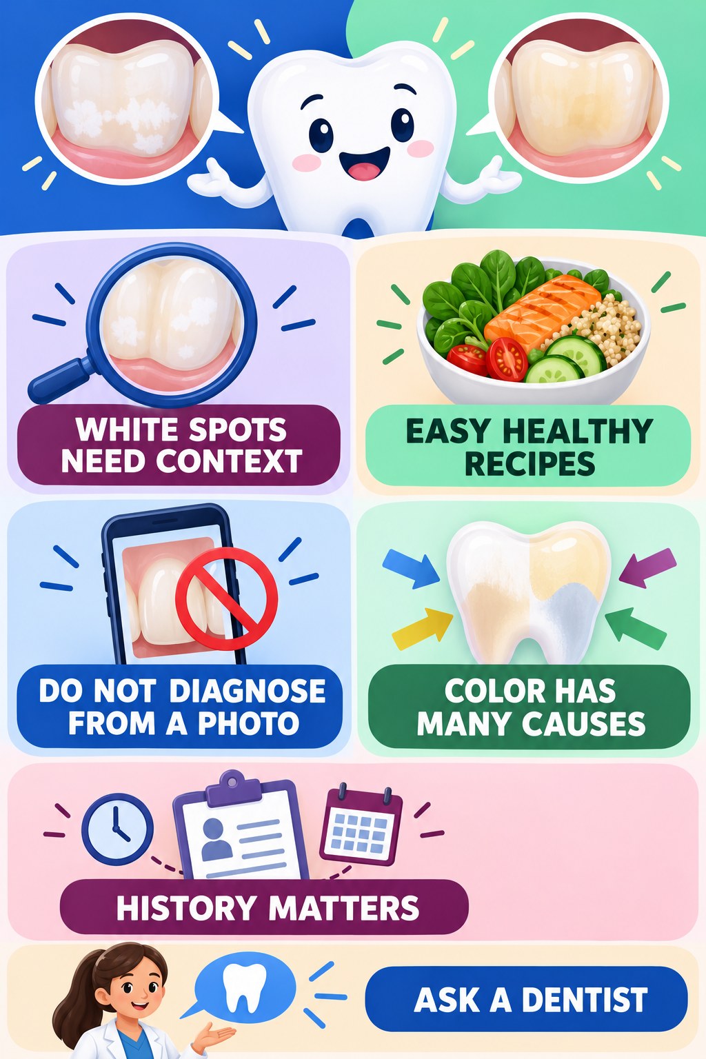 Fluorosis Claims Need Professional Context infographic for Easy Healthy Recipes with four concise tooth-discoloration safety points.