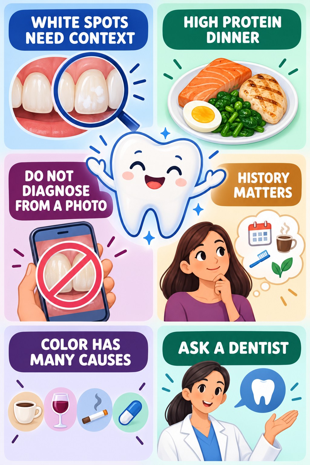 Fluorosis Claims Need Professional Context infographic for High Protein Dinner with four concise tooth-discoloration safety points.