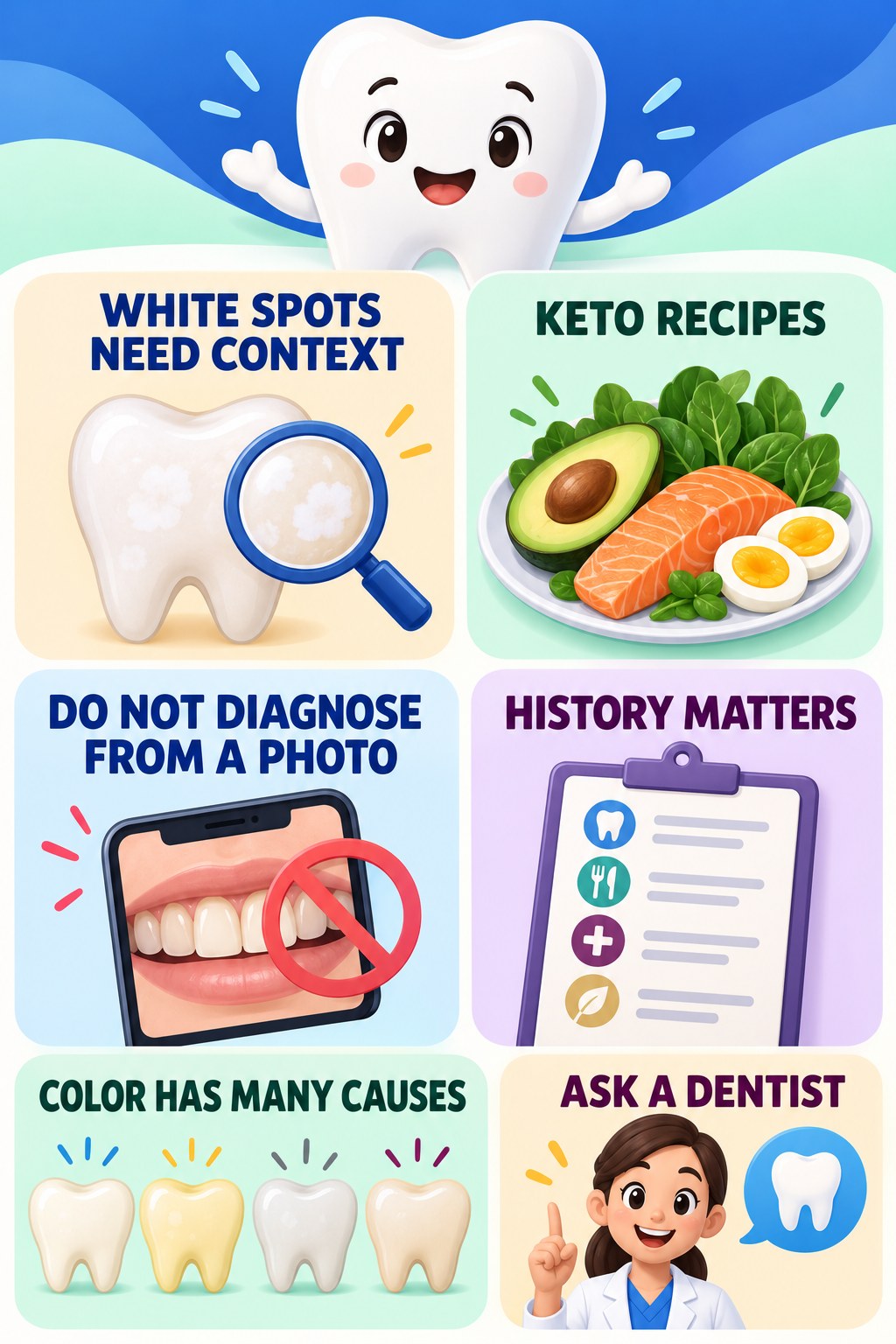 Fluorosis Claims Need Professional Context infographic for Keto Recipes with four concise tooth-discoloration safety points.