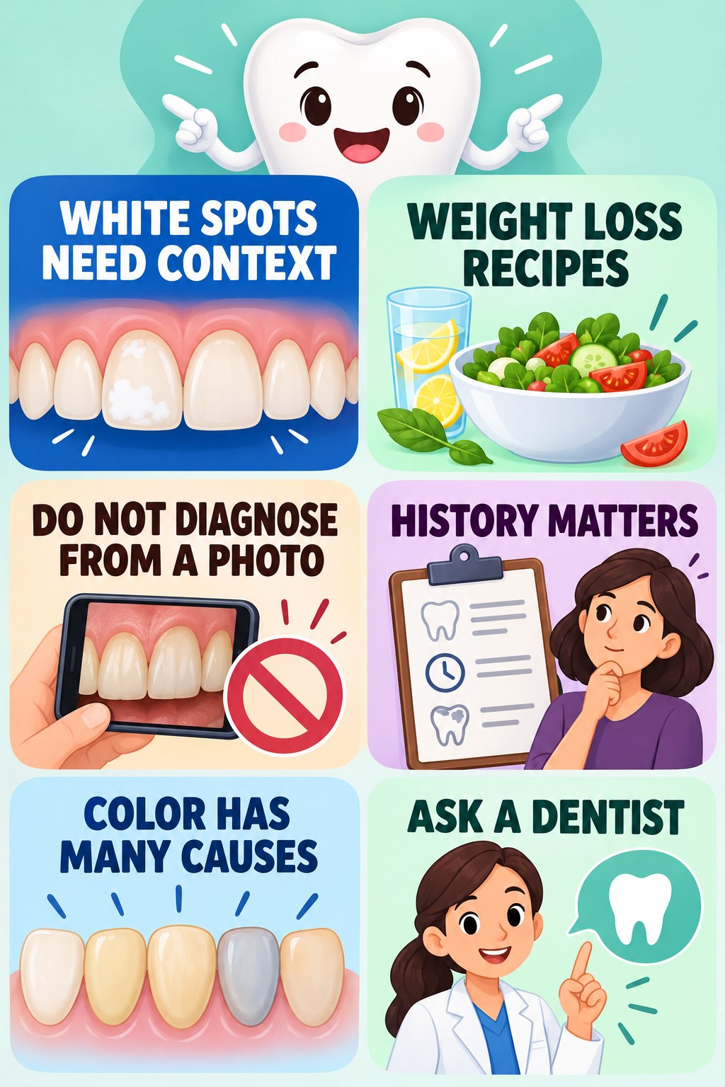 Fluorosis Claims Need Professional Context infographic for Weight Loss Recipes with four concise tooth-discoloration safety points.
