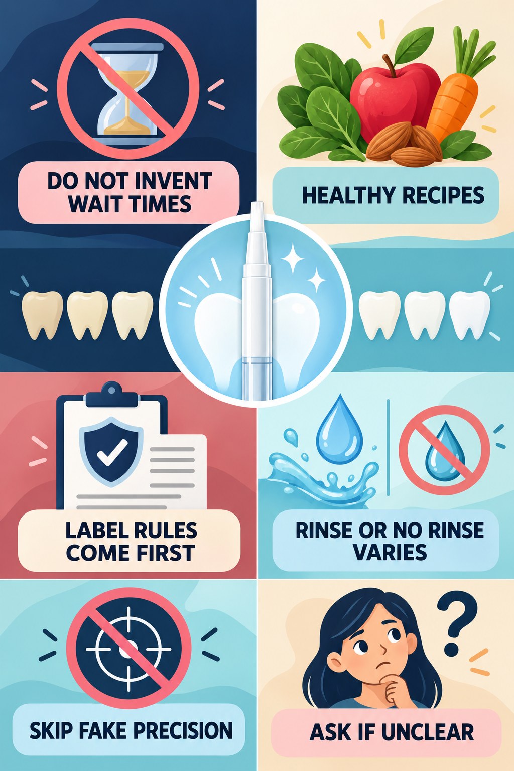 Food-and-Drink Rules After a Whitening Pen infographic for Healthy Recipes with four concise whitening-gel-pen safety points.
