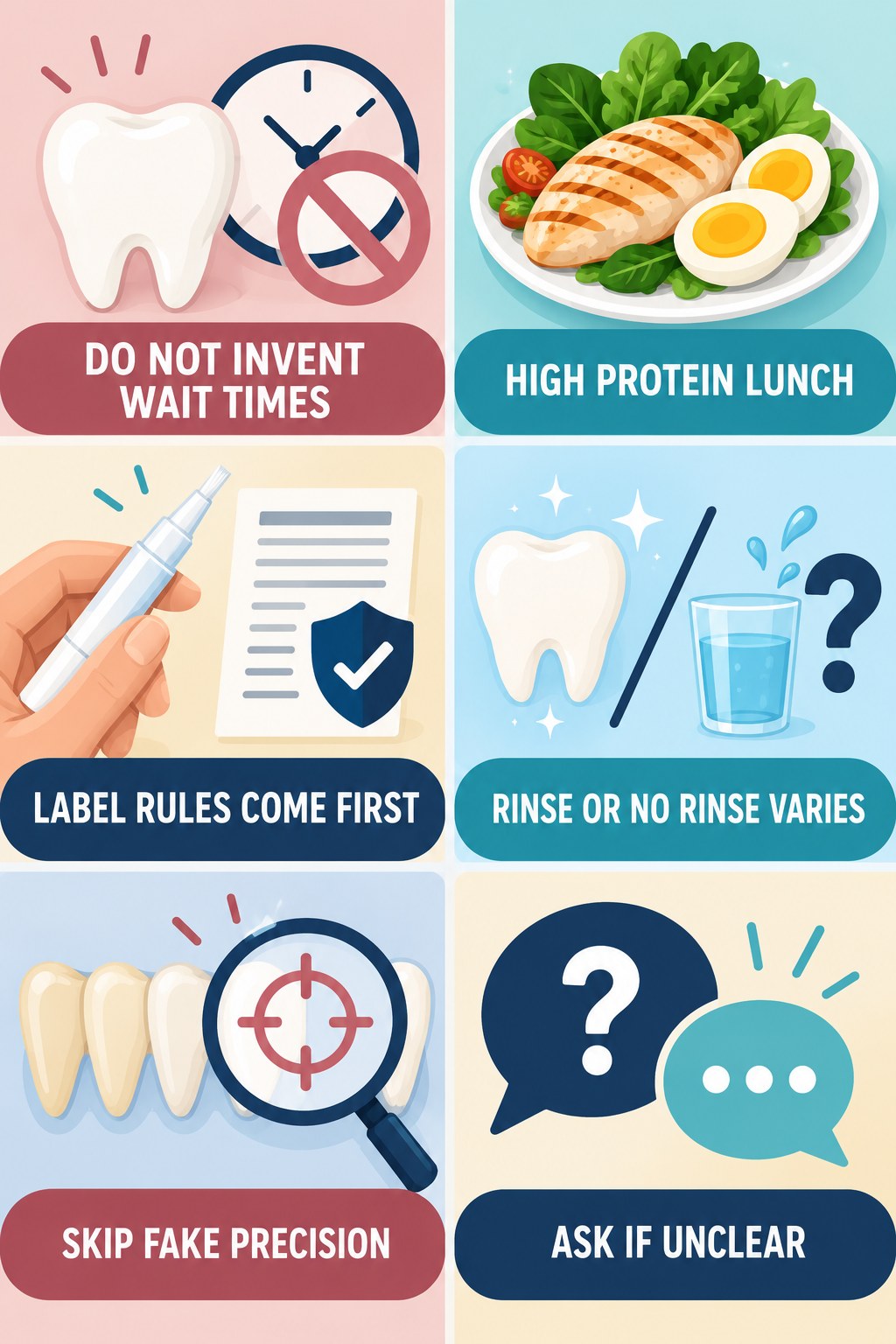 Food-and-Drink Rules After a Whitening Pen infographic for High Protein Lunch with four concise whitening-gel-pen safety points.
